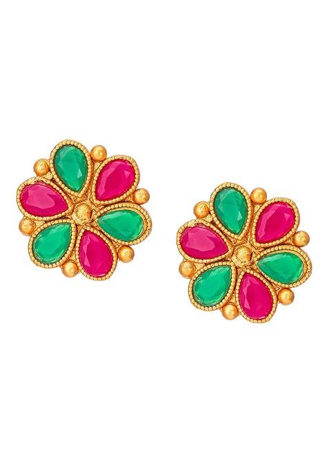 Pink And Gold Toned Stone Studded Meenakari Jewellery Set