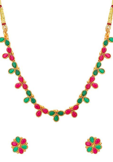 Pink And Gold Toned Stone Studded Meenakari Jewellery Set