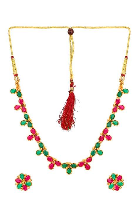 Pink And Gold Toned Stone Studded Meenakari Jewellery Set