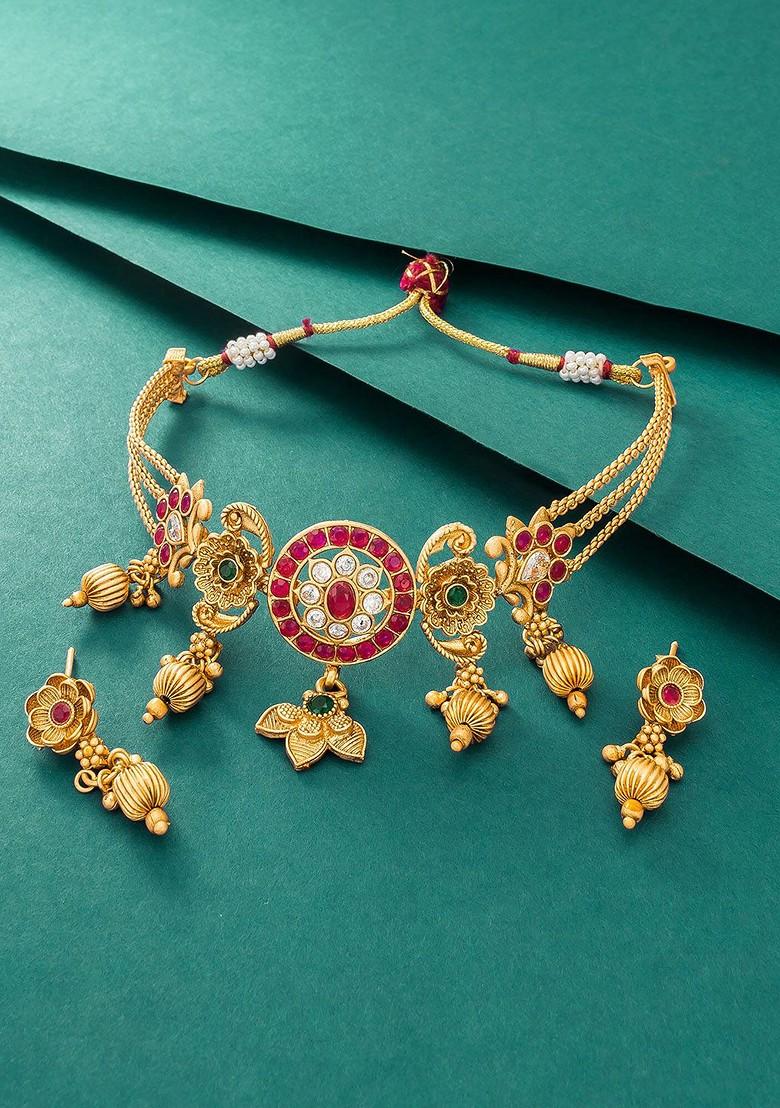 Gold Plated Pink And White Stone Studded And Beaded Jewellery Set