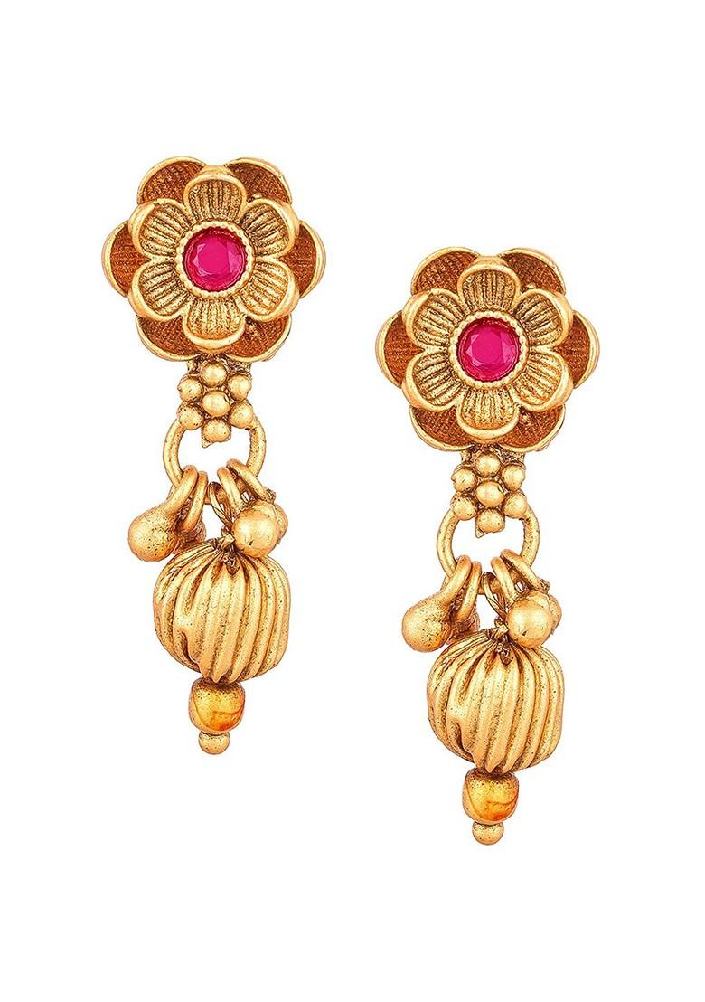 Gold Plated Pink And White Stone Studded And Beaded Jewellery Set