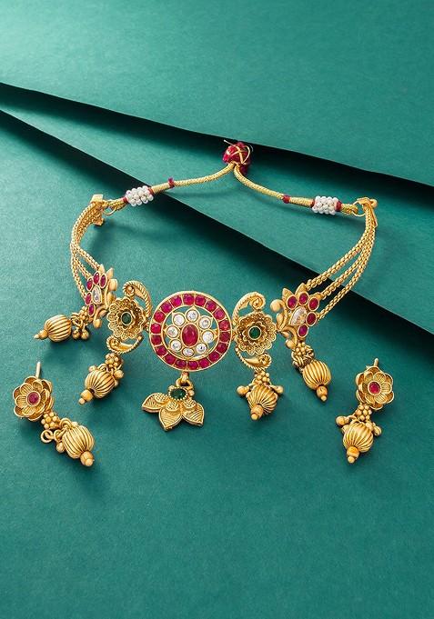 Gold Plated Pink And White Stone Studded And Beaded Jewellery Set