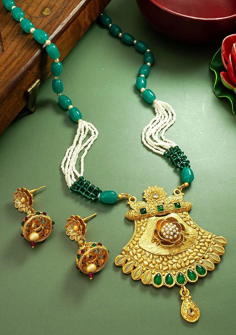 Gold Plated Stone Studded And Beaded Jewellery Set