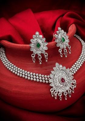 Silver Oxidised Silver Plated Pink And Green Stone Studded Jewellery Set