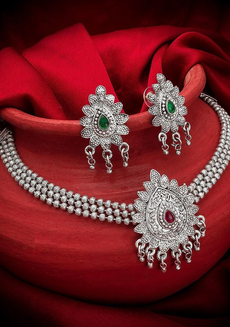 Silver Oxidised Silver Plated Pink And Green Stone Studded Jewellery Set
