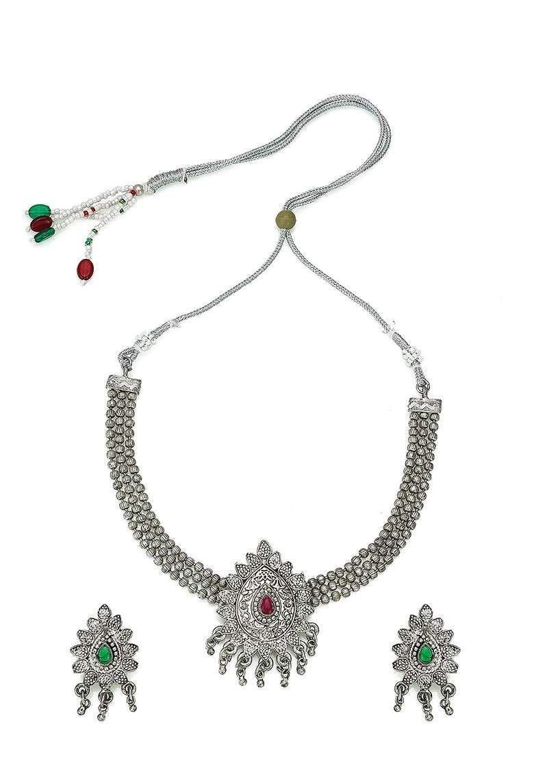 Silver Oxidised Silver Plated Pink And Green Stone Studded Jewellery Set - Indya