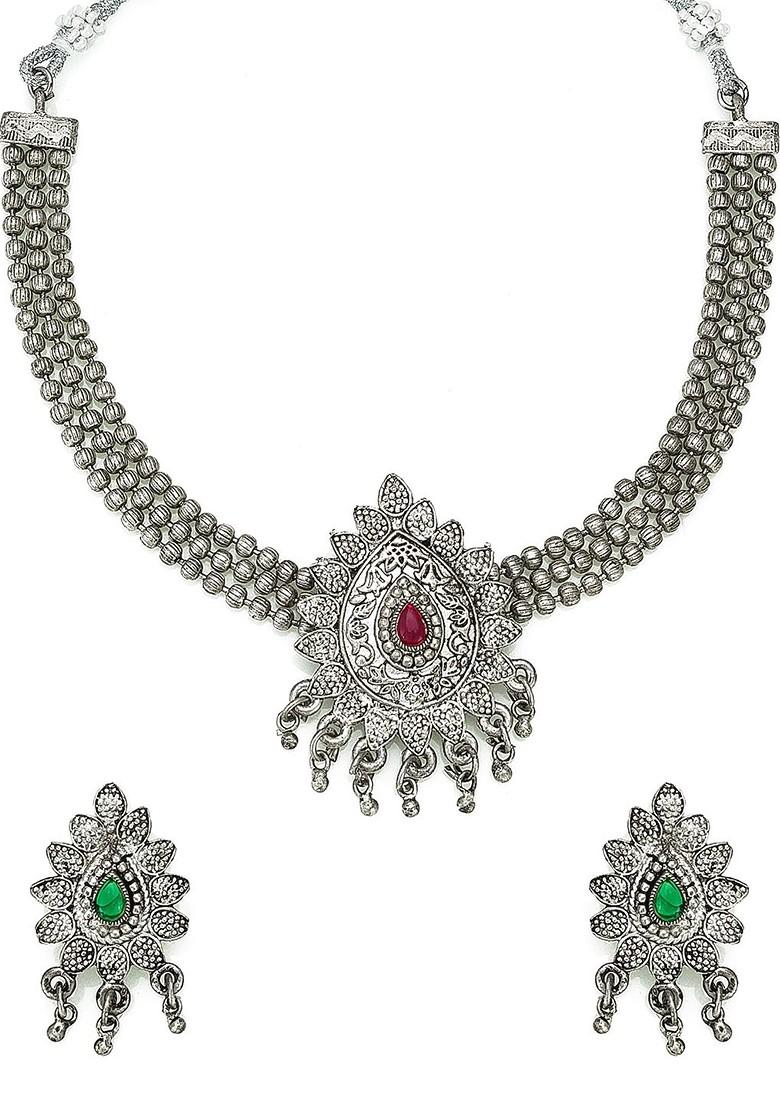 Silver Oxidised Silver Plated Pink And Green Stone Studded Jewellery Set