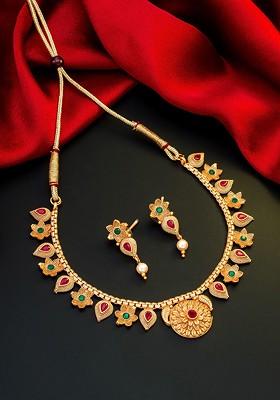 Gold Toned Pink And Green Stone Studded And Beaded Meenakari Jewellery Set