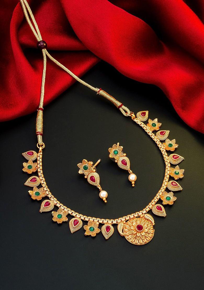 Gold Toned Pink And Green Stone Studded And Beaded Meenakari Jewellery Set