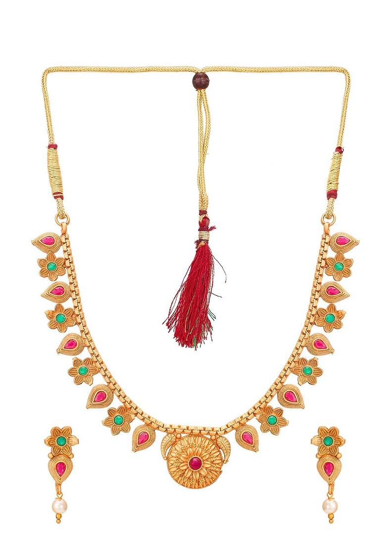 Gold Toned Pink And Green Stone Studded And Beaded Meenakari Jewellery Set
