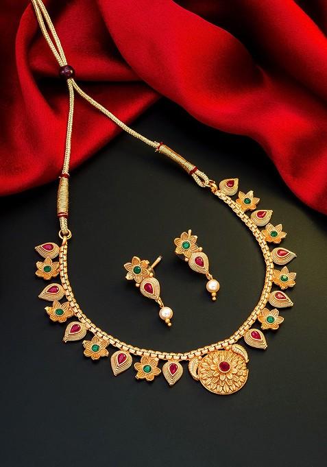 Gold Toned Pink And Green Stone Studded And Beaded Meenakari Jewellery Set