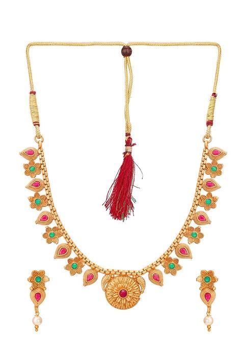 Gold Toned Pink And Green Stone Studded And Beaded Meenakari Jewellery Set