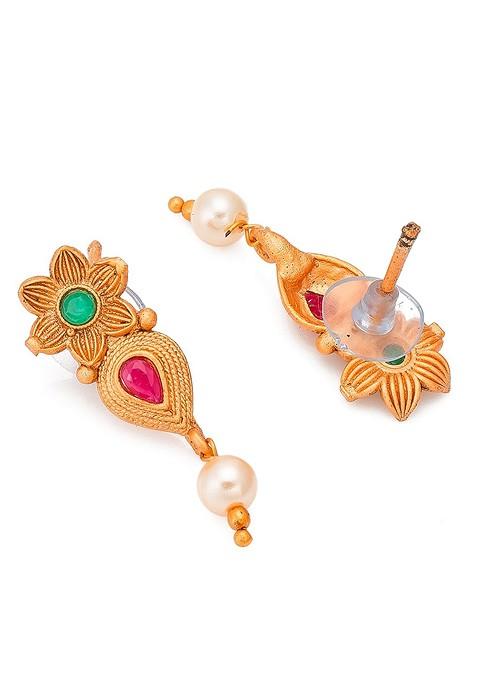 Gold Toned Pink And Green Stone Studded And Beaded Meenakari Jewellery Set