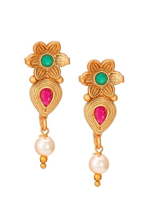 Gold Toned Pink And Green Stone Studded And Beaded Meenakari Jewellery Set