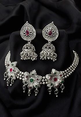 Silver Oxidised Silver Plated Pink And Green Stone Studded Tribal Jewellery Set
