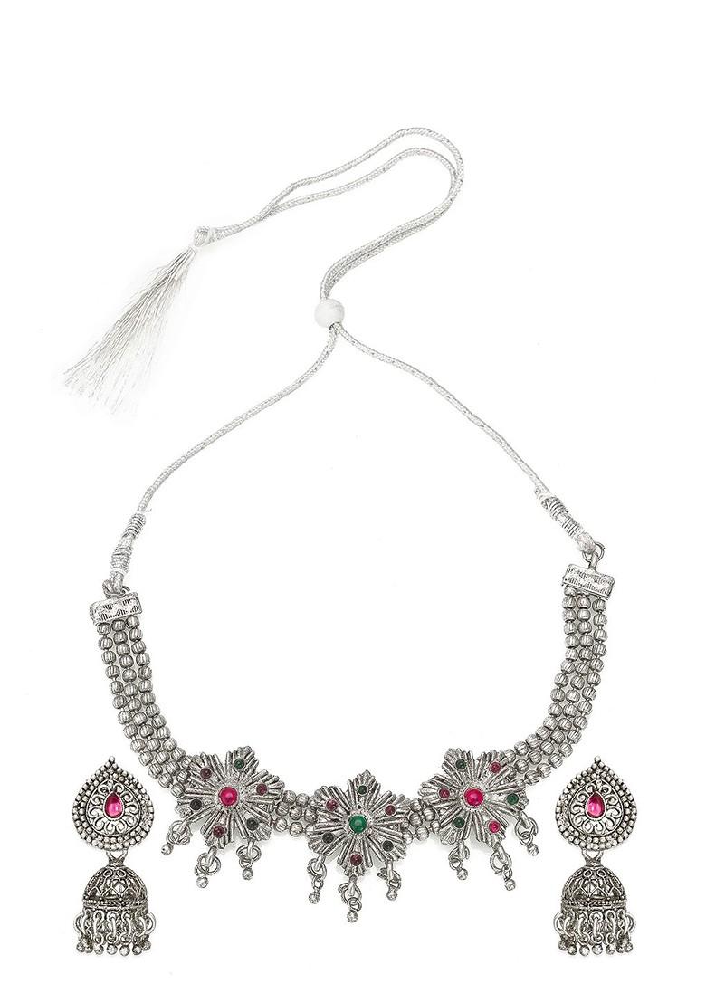Silver Oxidised Silver Plated Pink And Green Stone Studded Tribal Jewellery Set