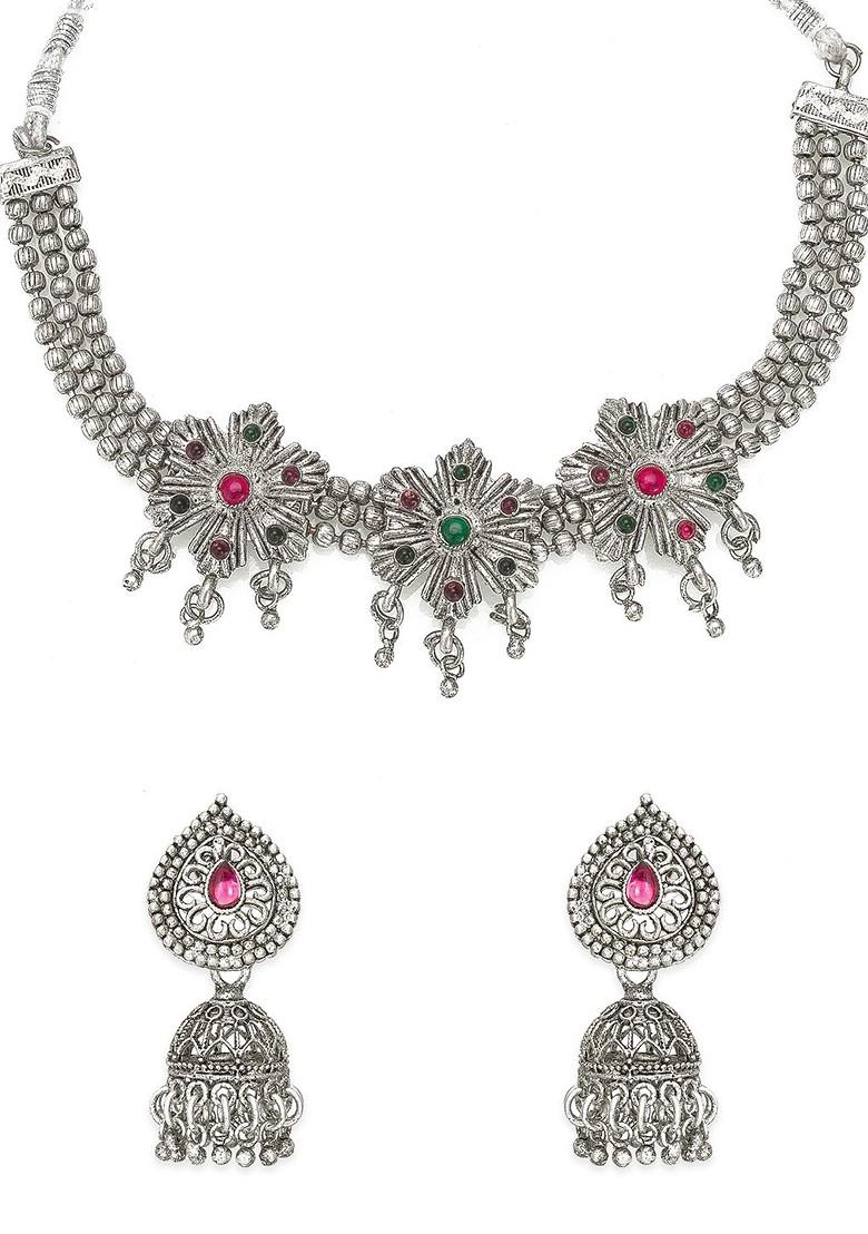 Silver Oxidised Silver Plated Pink And Green Stone Studded Tribal Jewellery Set