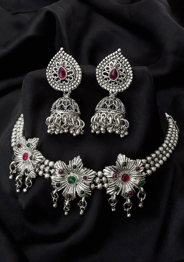 Silver Oxidised Silver Plated Pink And Green Stone Studded Tribal Jewellery Set