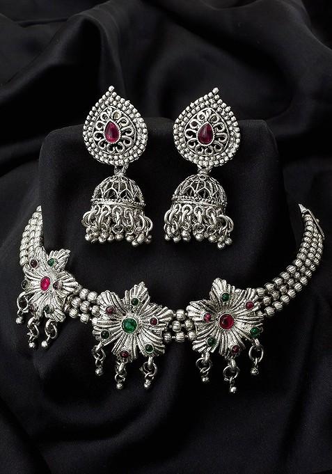 Silver Oxidised Silver Plated Pink And Green Stone Studded Tribal Jewellery Set