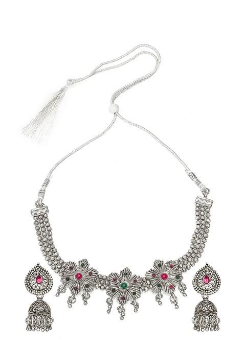 Silver Oxidised Silver Plated Pink And Green Stone Studded Tribal Jewellery Set