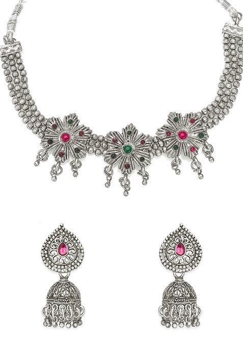 Silver Oxidised Silver Plated Pink And Green Stone Studded Tribal Jewellery Set