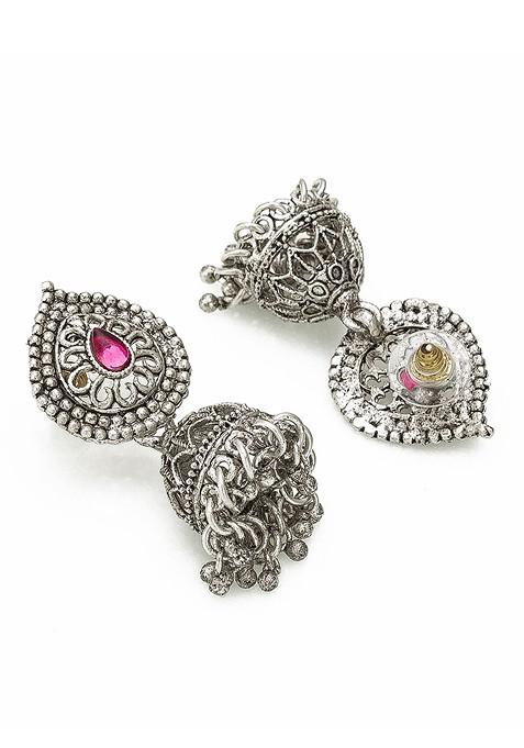 Silver Oxidised Silver Plated Pink And Green Stone Studded Tribal Jewellery Set