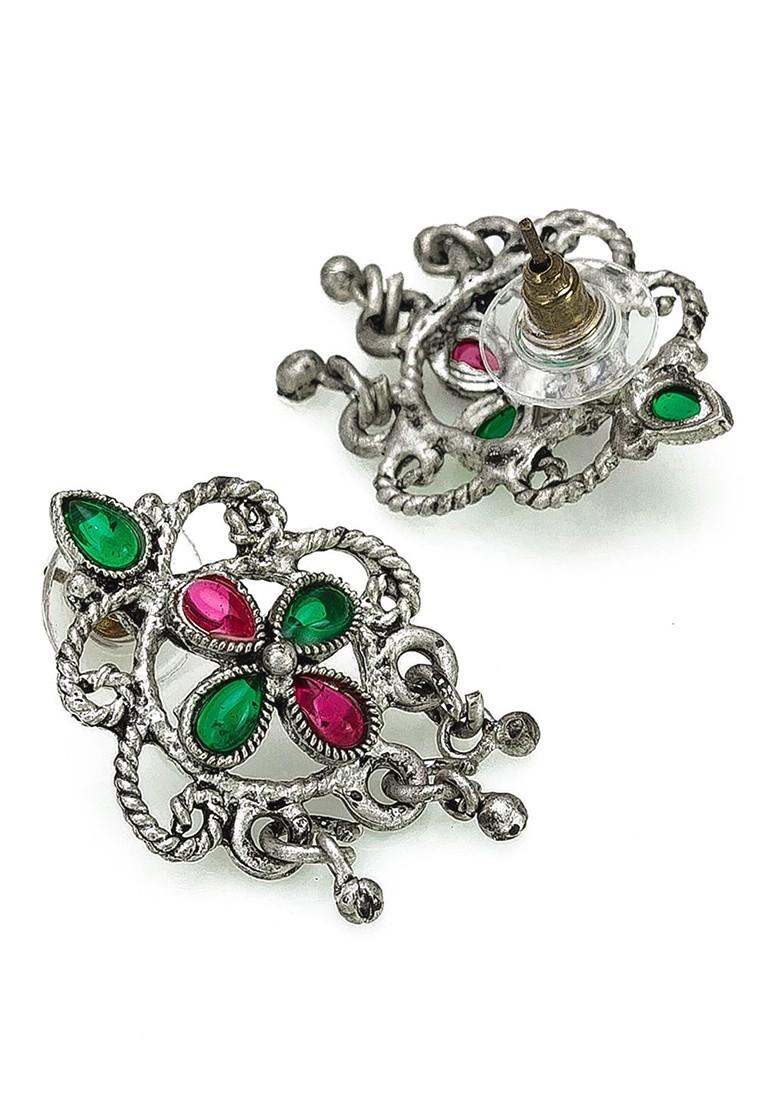 Silver Oxidised Silver Plated Pink And Green Stone Studded Beaded Jewellery Set