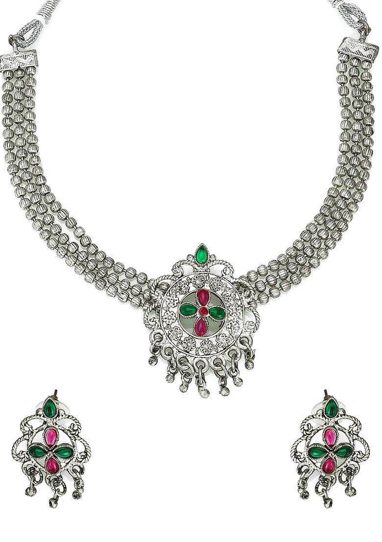 Silver Oxidised Silver Plated Pink And Green Stone Studded Beaded Jewellery Set - Indya