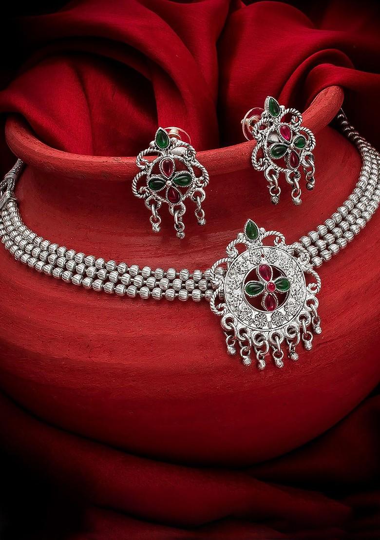 Silver Oxidised Silver Plated Pink And Green Stone Studded Beaded Jewellery Set