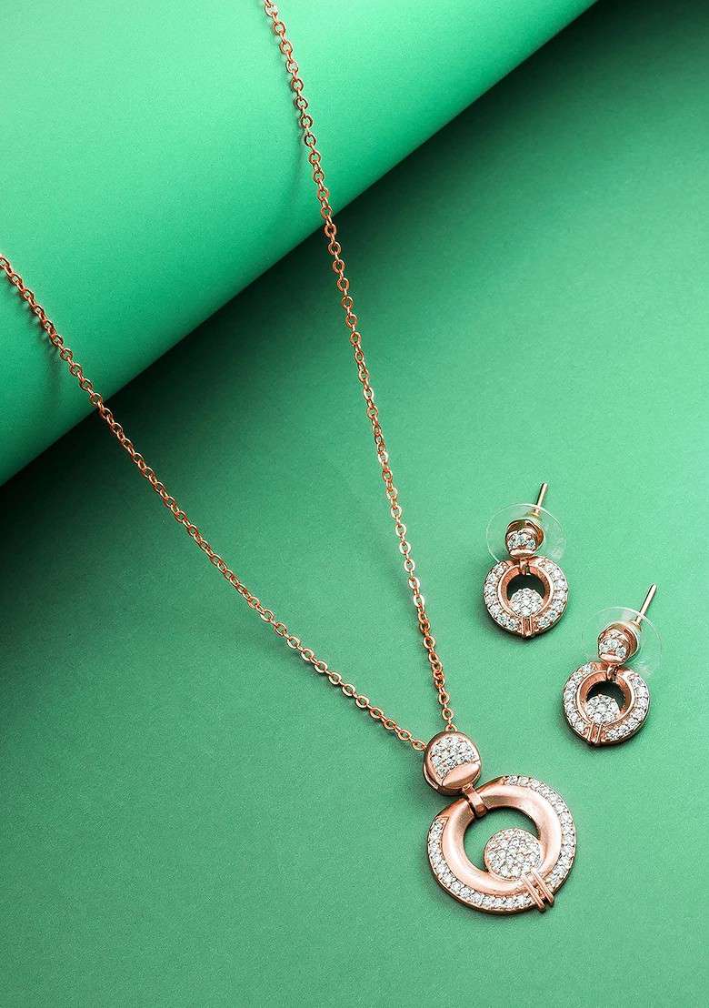 Rose Gold Plated Stone Studded Jewellery Set - Indya