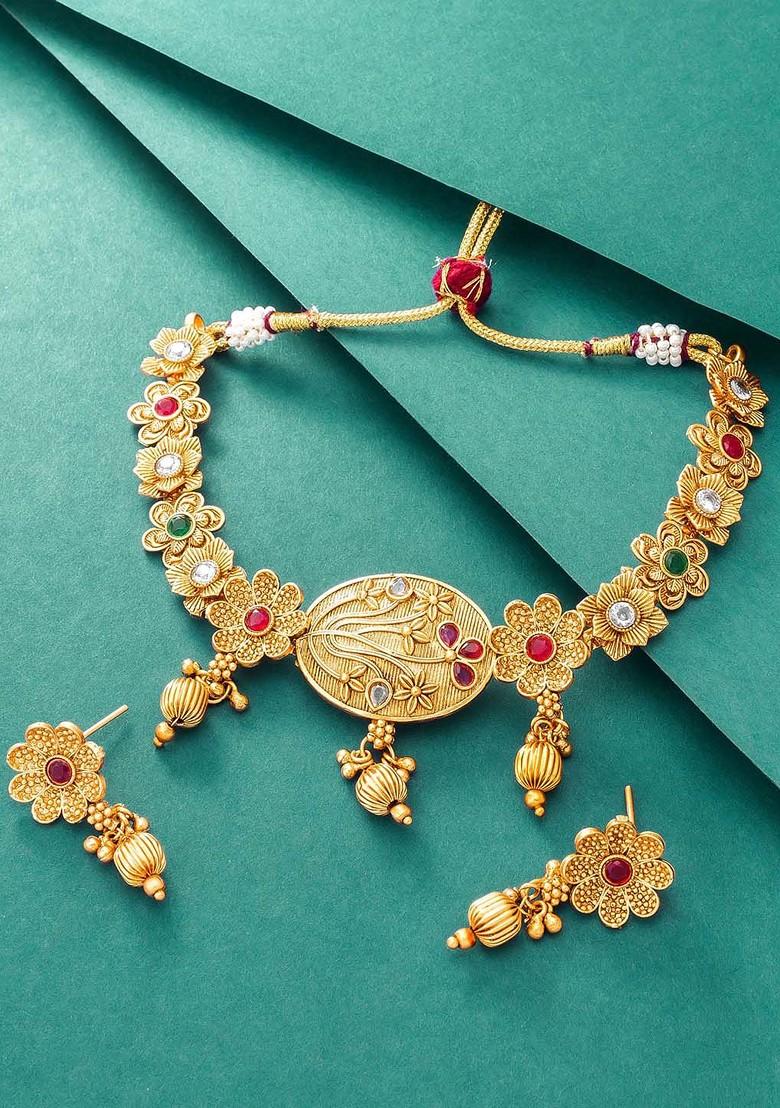 Gold Plated Green And Red Stone Studded And Beaded Jewellery Set