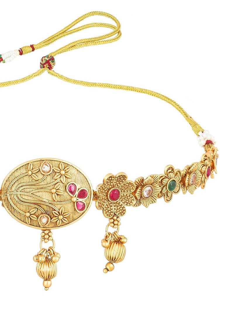 Gold Plated Green And Red Stone Studded And Beaded Jewellery Set