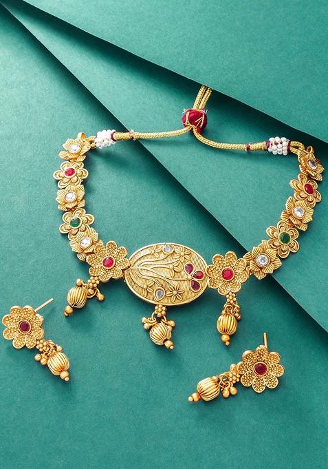 Gold Plated Green And Red Stone Studded And Beaded Jewellery Set