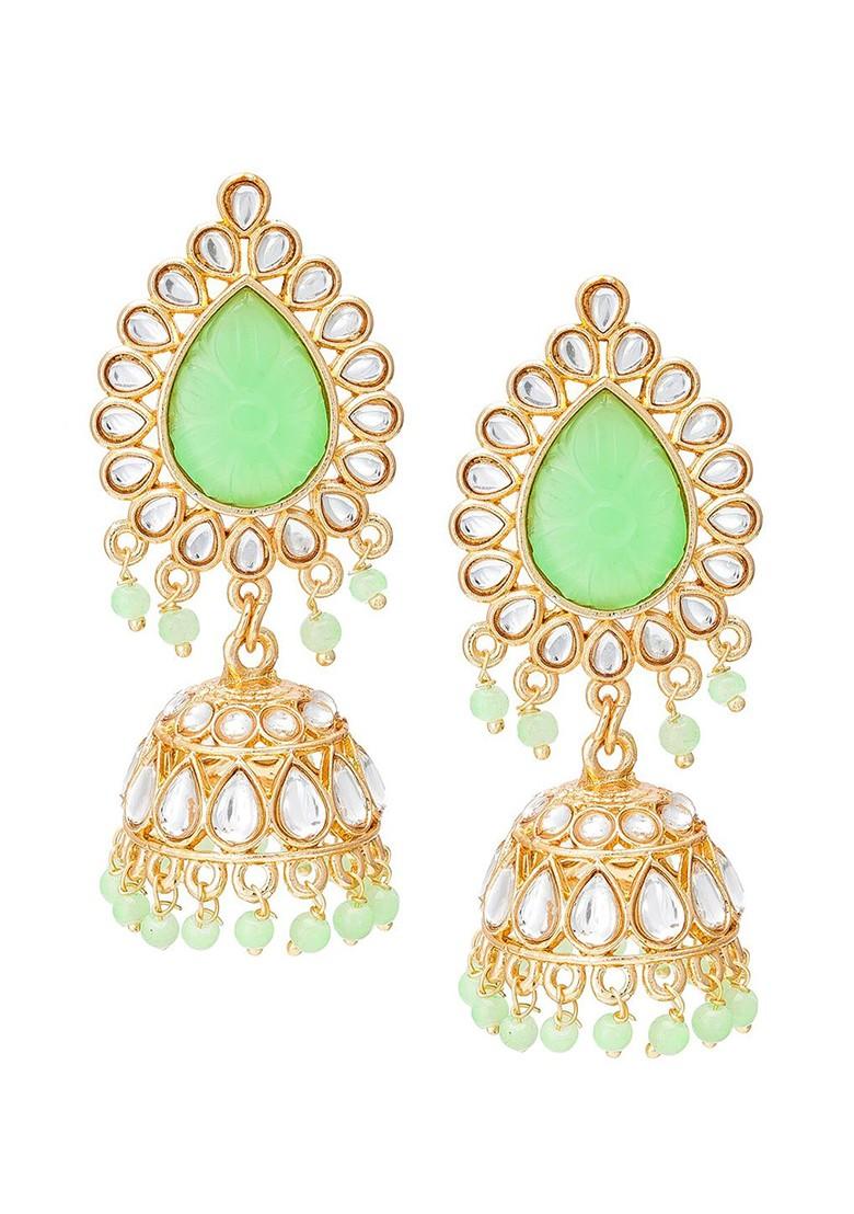 Gold Plated And Green Stone Studded And Pearl Beaded Jewellery Set