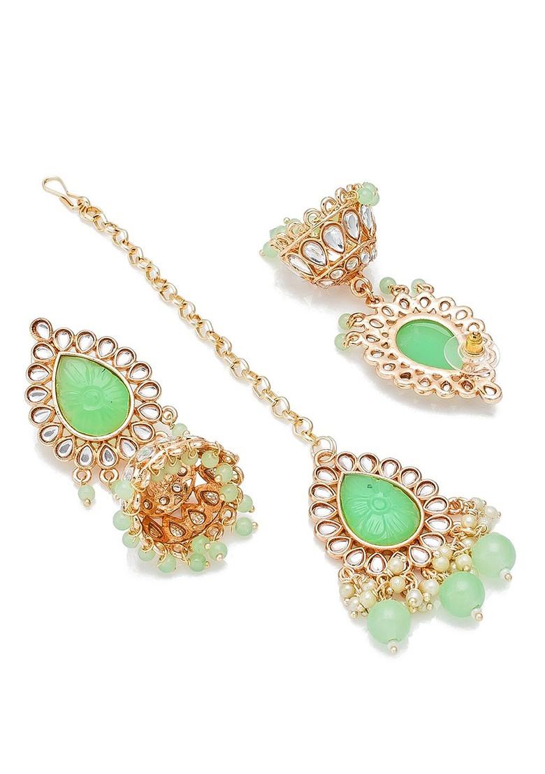 Gold Plated And Green Stone Studded And Pearl Beaded Jewellery Set