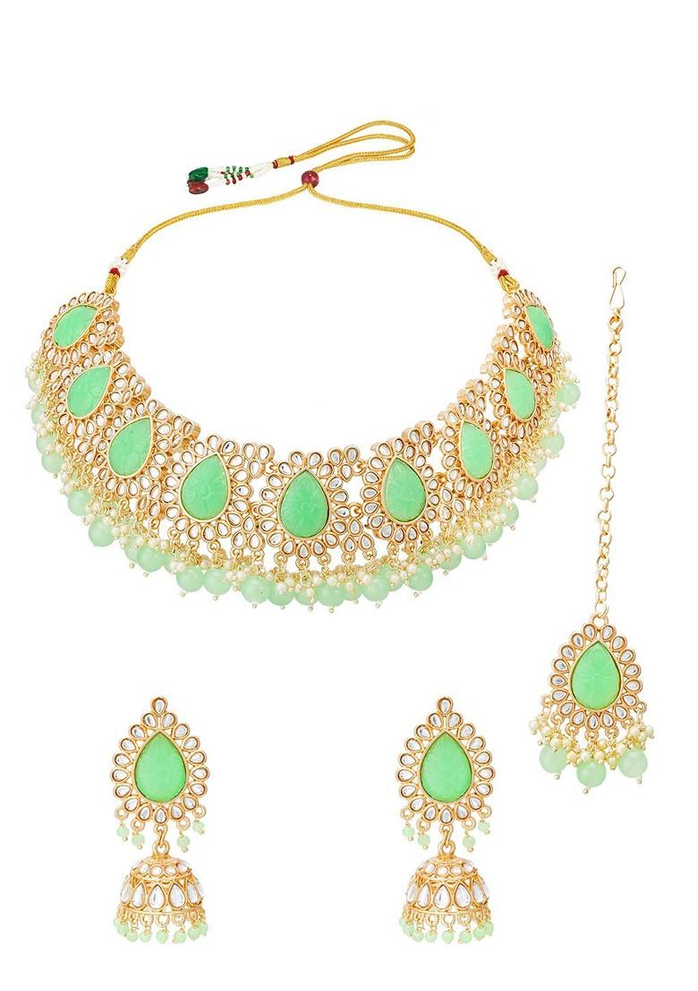 Gold Plated And Green Stone Studded And Pearl Beaded Jewellery Set