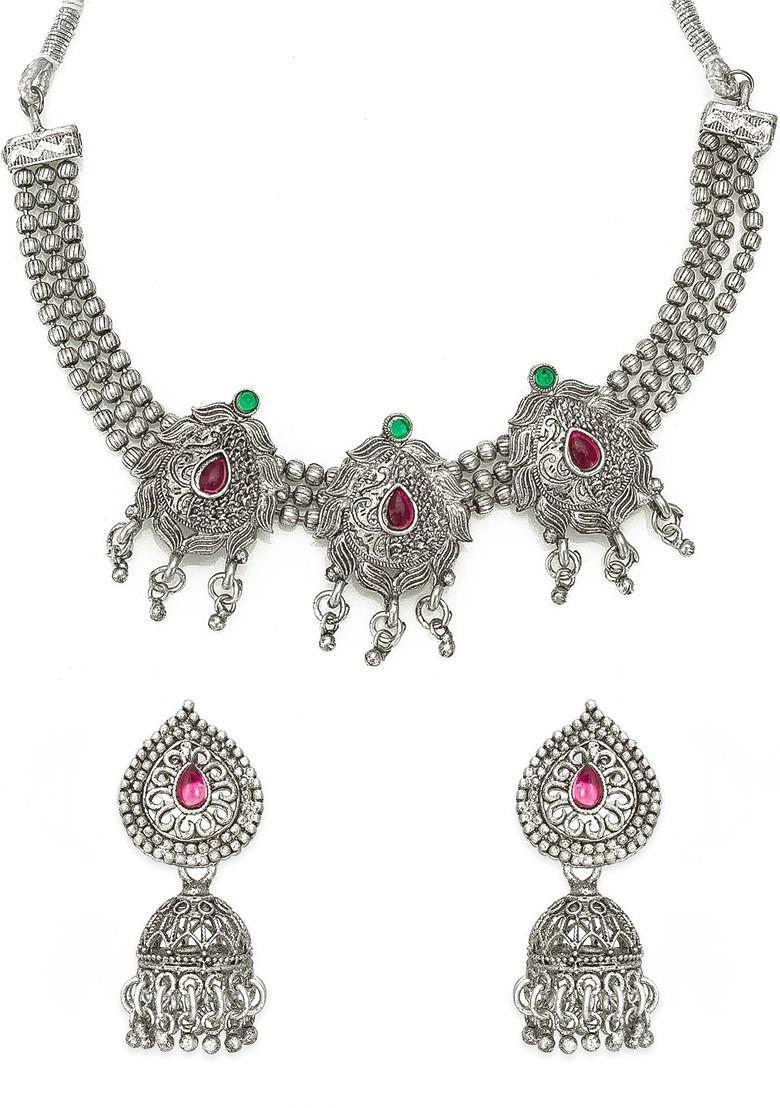 Silver Oxidised Silver Plated Pink And Green Stone Studded Tribal Jewellery Set