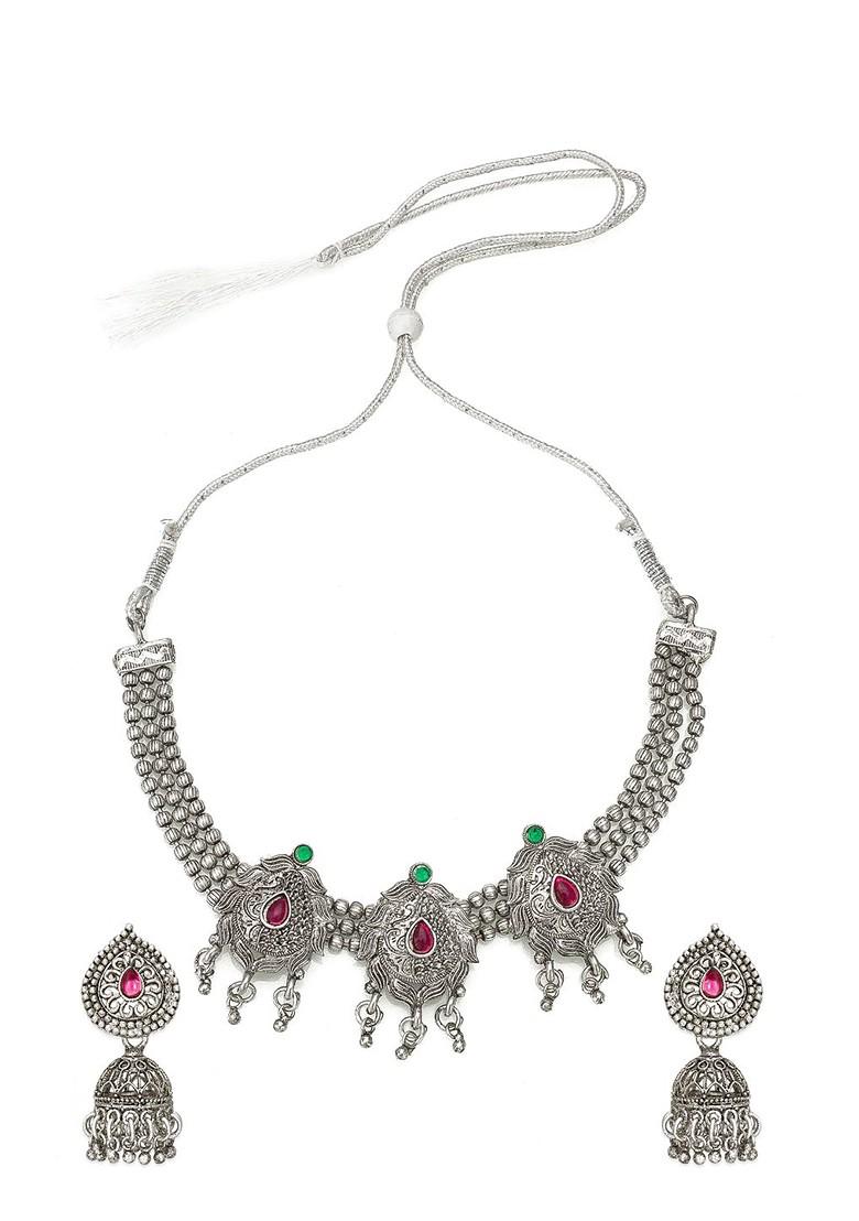 Silver Oxidised Silver Plated Pink And Green Stone Studded Tribal Jewellery Set