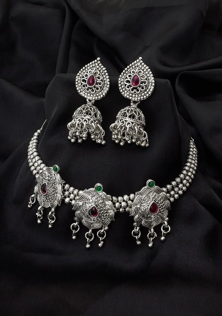 Silver Oxidised Silver Plated Pink And Green Stone Studded Tribal Jewellery Set