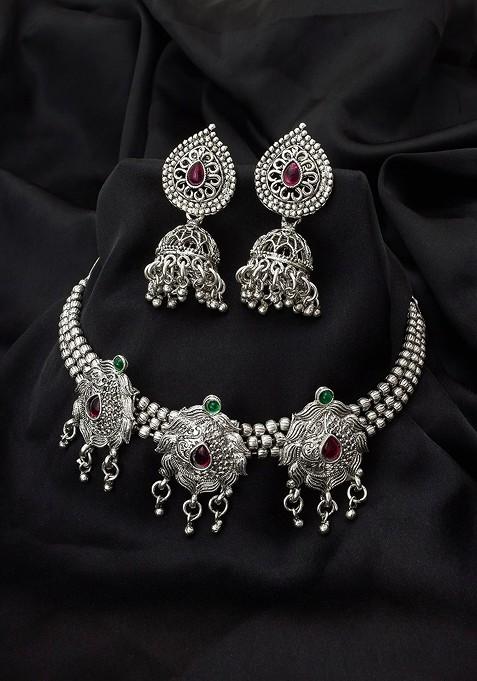 Silver Oxidised Silver Plated Pink And Green Stone Studded Tribal Jewellery Set