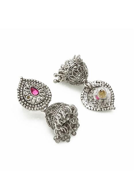 Silver Oxidised Silver Plated Pink And Green Stone Studded Tribal Jewellery Set