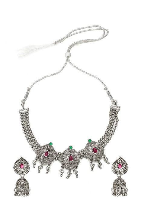 Silver Oxidised Silver Plated Pink And Green Stone Studded Tribal Jewellery Set