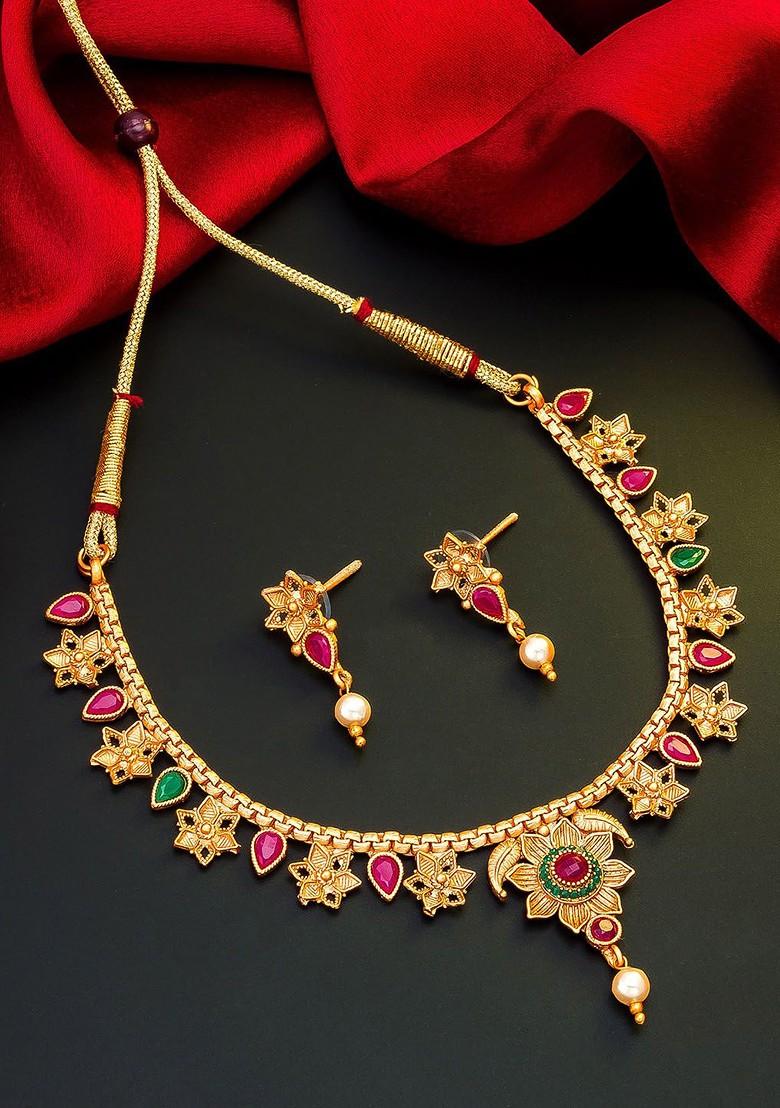 Gold Toned Pink And Green Stone Studded And Beaded Meenakari Jewellery Set