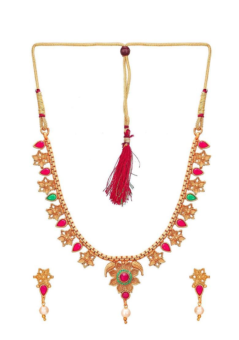 Gold Toned Pink And Green Stone Studded And Beaded Meenakari Jewellery Set