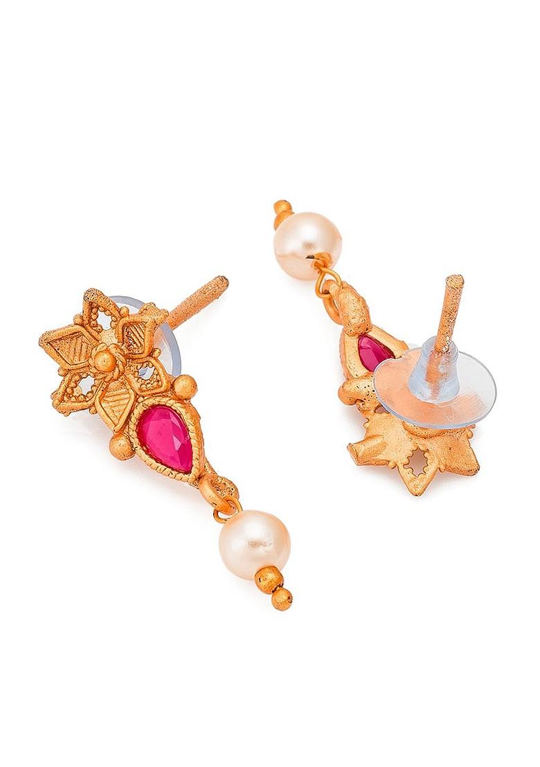 Gold Toned Pink And Green Stone Studded And Beaded Meenakari Jewellery Set