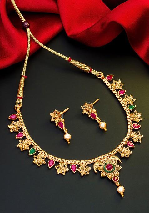 Gold Toned Pink And Green Stone Studded And Beaded Meenakari Jewellery Set