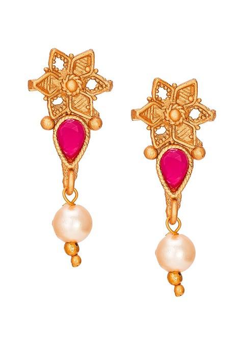 Gold Toned Pink And Green Stone Studded And Beaded Meenakari Jewellery Set