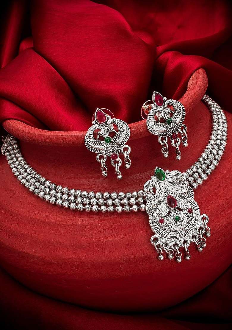 Silver Oxidised Silver Plated Green And Pink Stone Studded Jewellery Set - Indya