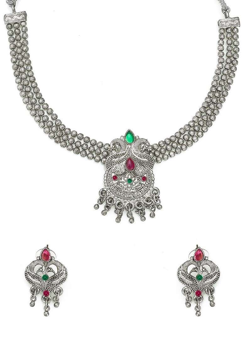 Silver Oxidised Silver Plated Green And Pink Stone Studded Jewellery Set - Indya