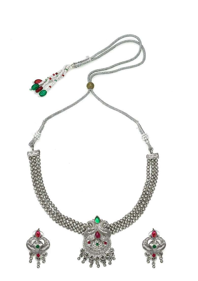 Silver Oxidised Silver Plated Green And Pink Stone Studded Jewellery Set - Indya